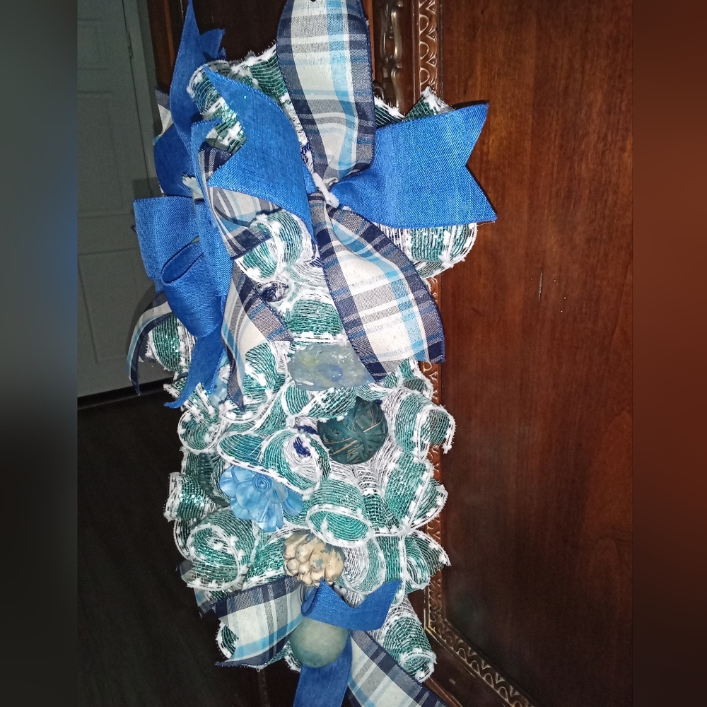Blue and Green Plaid Wreath with Floral Accents